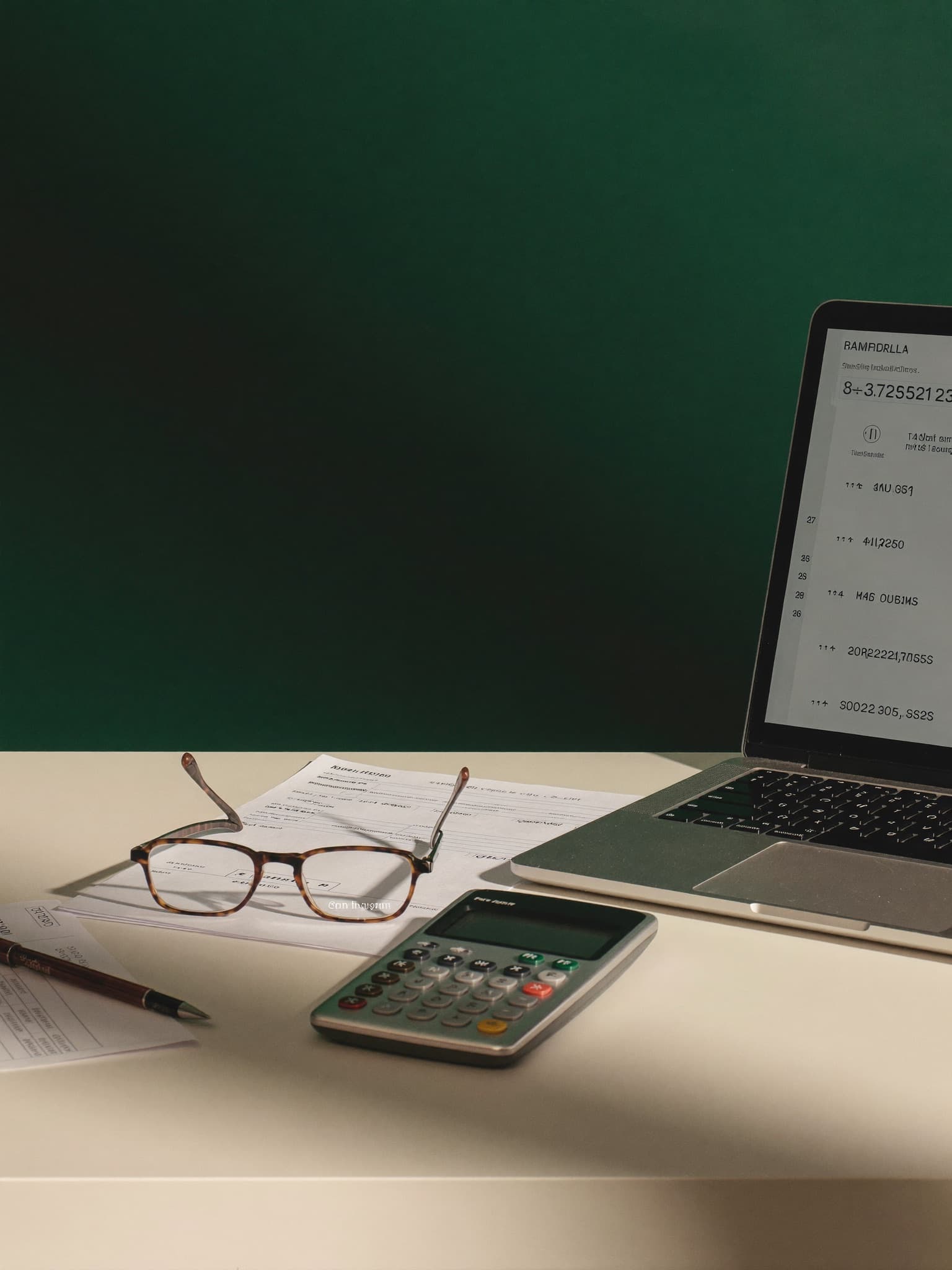Payroll paperwork and a laptop on a desk